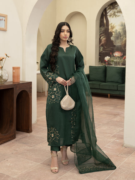 Hand Embellished Raw Silk 3pc Suit- Bottle Green