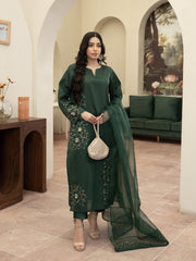 Hand Embellished Raw Silk 3pc Suit- Bottle Green