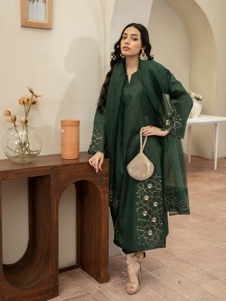 Hand Embellished Raw Silk 3pc Suit- Bottle Green