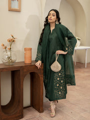 Hand Embellished Raw Silk 3pc Suit- Bottle Green