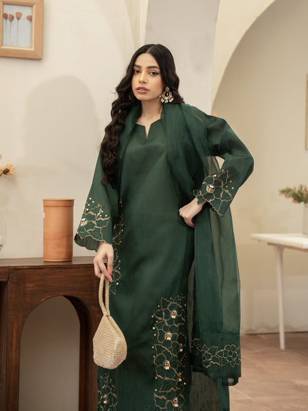 Hand Embellished Raw Silk 3pc Suit- Bottle Green