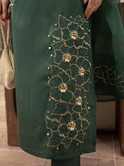 Hand Embellished Raw Silk 3pc Suit- Bottle Green