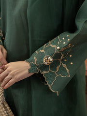 Hand Embellished Raw Silk 3pc Suit- Bottle Green