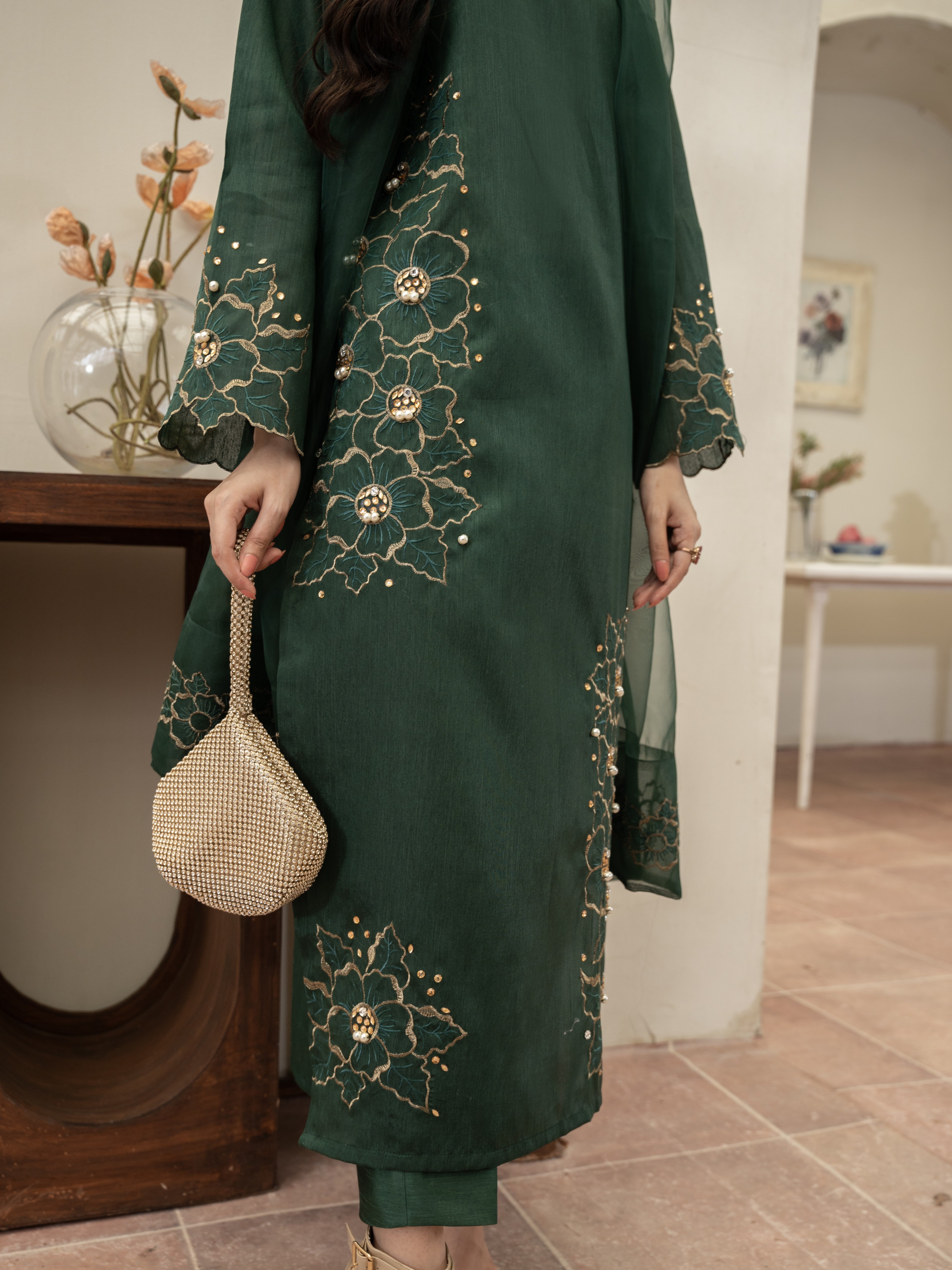 Hand Embellished Raw Silk 3pc Suit- Bottle Green