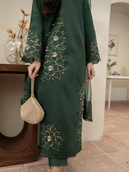 Hand Embellished Raw Silk 3pc Suit- Bottle Green
