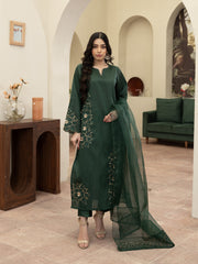 Hand Embellished Raw Silk 3pc Suit- Bottle Green