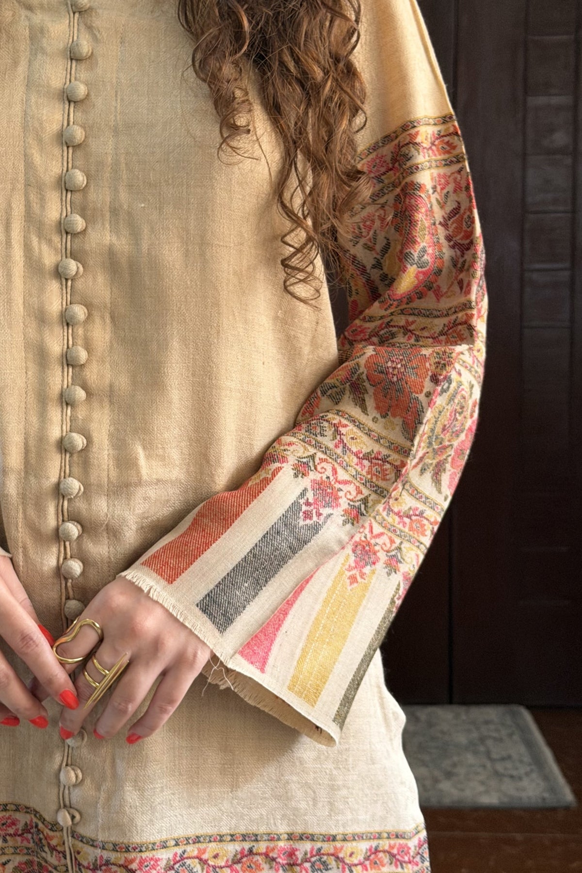 Beige Artisanal Hand-Woven Pashmina Kaani Coord Set