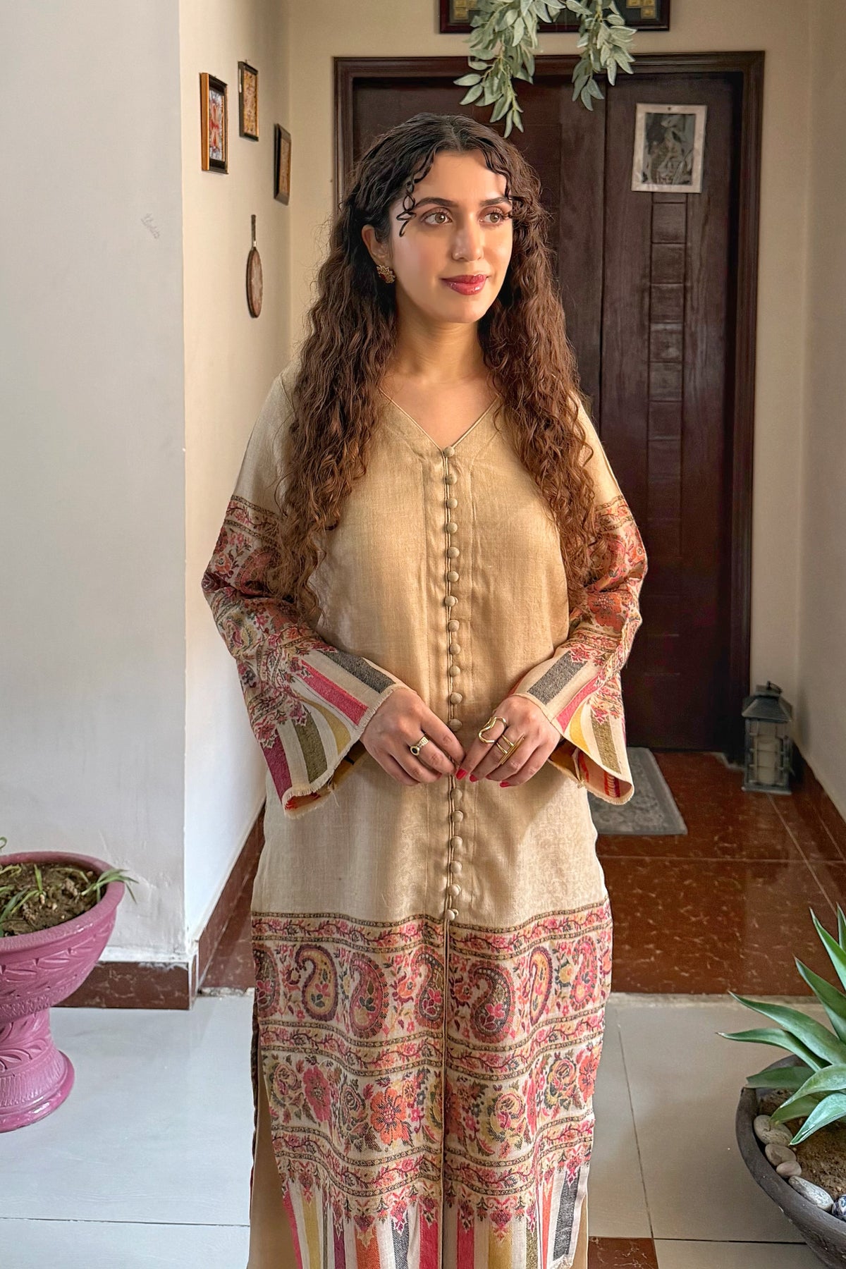 Beige Artisanal Hand-Woven Pashmina Kaani Coord Set