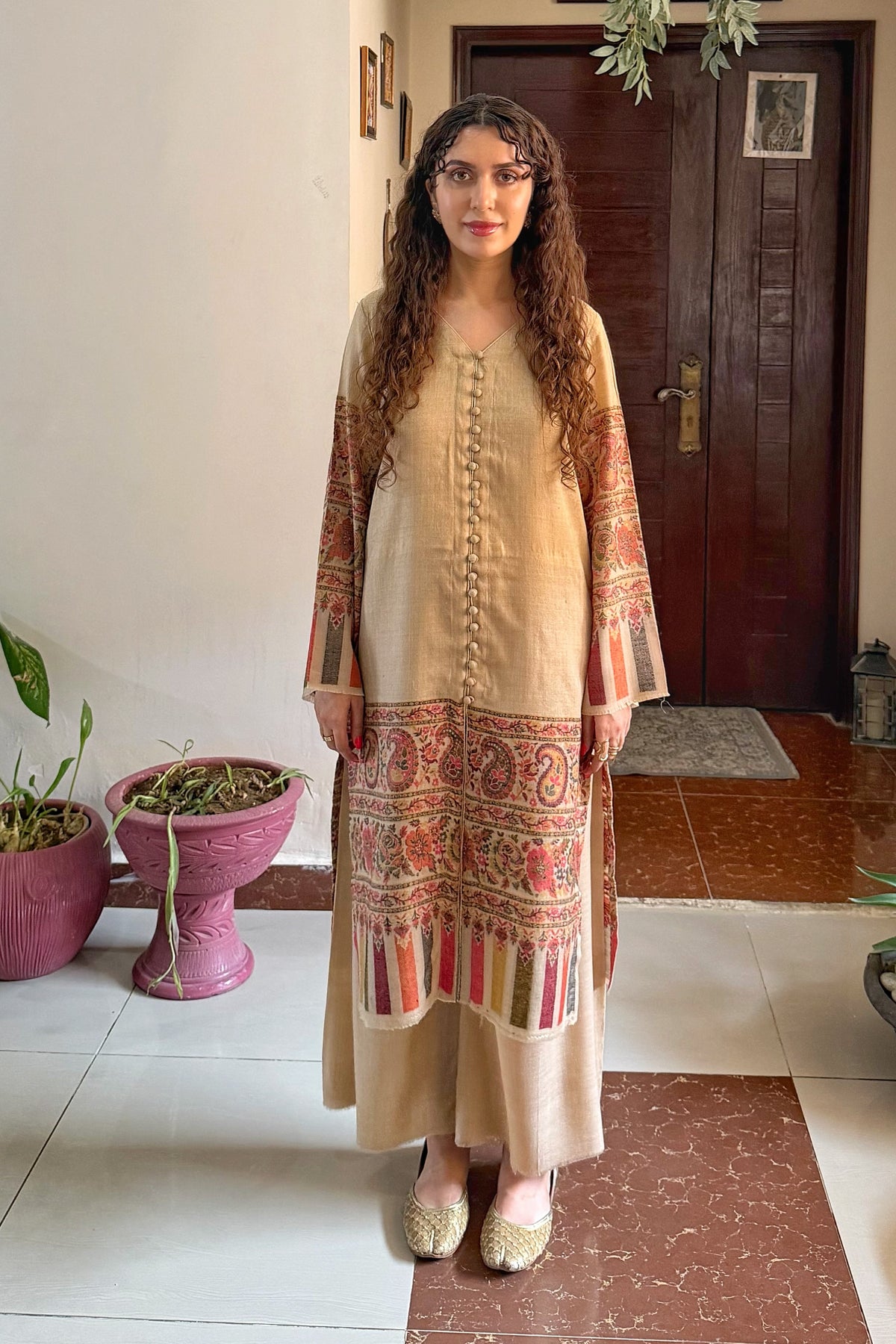 Beige Artisanal Hand-Woven Pashmina Kaani Coord Set