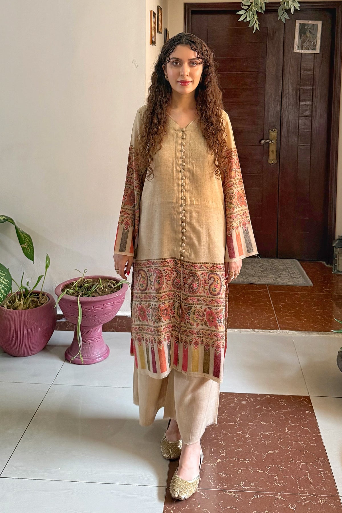 Beige Artisanal Hand-Woven Pashmina Kaani Coord Set