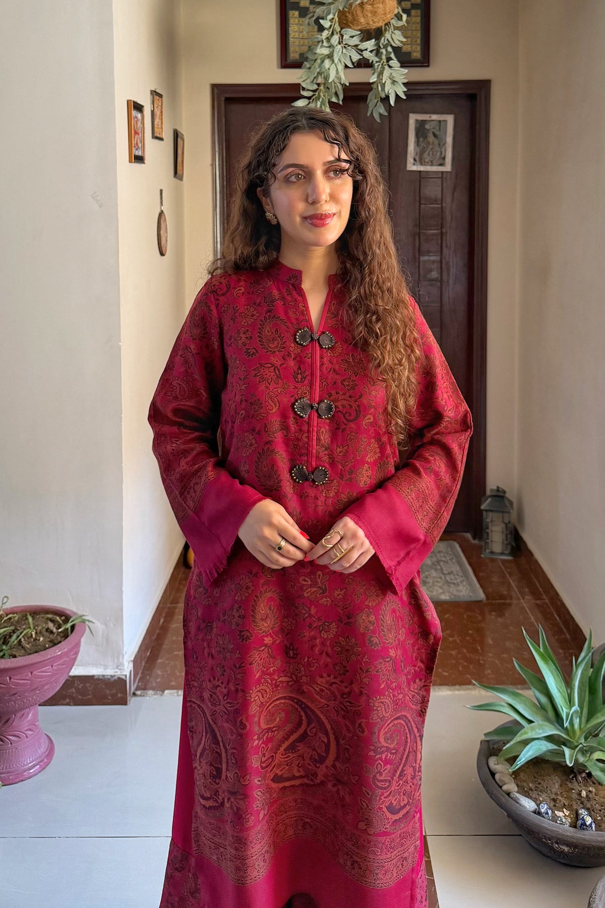 Maroon Artisanal Hand-Woven Kaani Pashmina Mandarin Coord Set