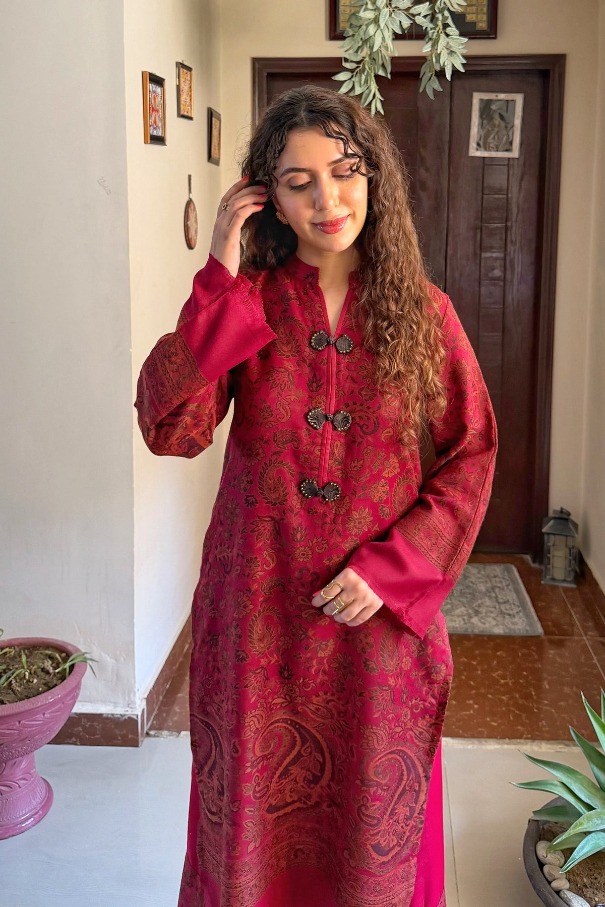 Maroon Artisanal Hand-Woven Kaani Pashmina Mandarin Coord Set