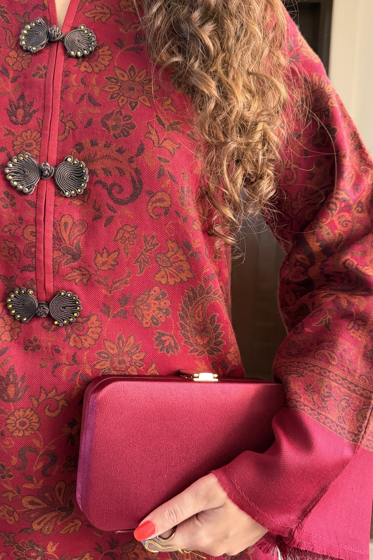 Maroon Artisanal Hand-Woven Kaani Pashmina Mandarin Coord Set
