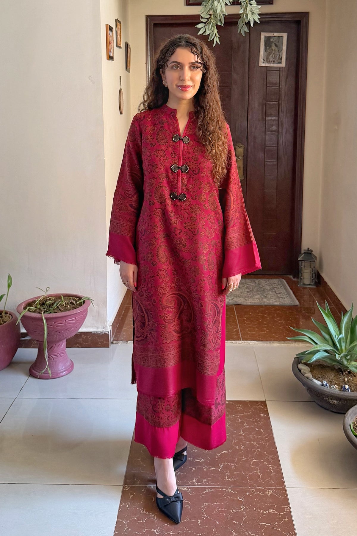 Maroon Artisanal Hand-Woven Kaani Pashmina Mandarin Coord Set